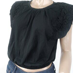 EXPRESS Blouse Crop Blouson Jersey Shoulder Pads Lace Trim XS